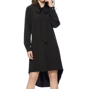 Black Retro Bow Tie Neck Hi-Low Long Shirt Dress